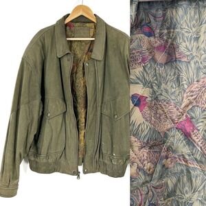 St John’s Bay Vintage Leather Jacket Hunting Motif Lining Green Duck Quail Bird